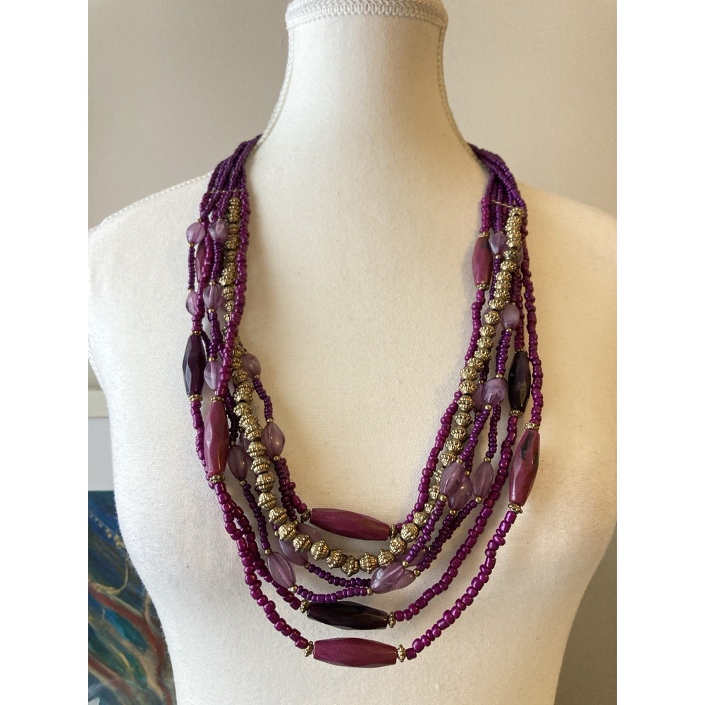 Erica Lyons Multi Strand‎ Plum Purple Beaded Necklace Gold Tone Artsy Statement